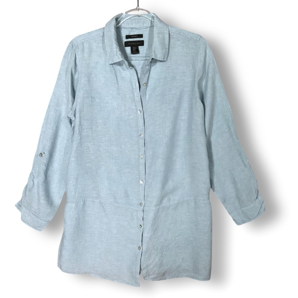 Tahari Linen Tunic Blouse Sz M Button Down Lagenlook Coastal Blue